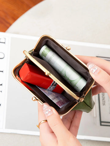 Xajzpa Cute Clip Lock Women's Coin Purse Retro Solid Color Bifold Kiss Lock Small Wallet Simple PU Leather Lipstick Portable Pocket Bag